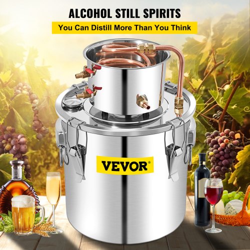 Alcohol Still, 50L Stainless Steel Water Alcohol Distiller w/ Condenser, 13.2Gal Wine Making Boiler w/ Copper Tube, Home Brewing Kit w/ Built-in Thermometer for DIY Whisky Wine Brandy, Silver