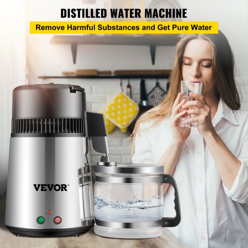 Silver Water Distiller 1.1 Gallon/4 L Stainless Steel Water Purifier Distiller 750W Water Distillation Countertop Water Distiller Machine with Connection Bottle Glass Container for Offices Home