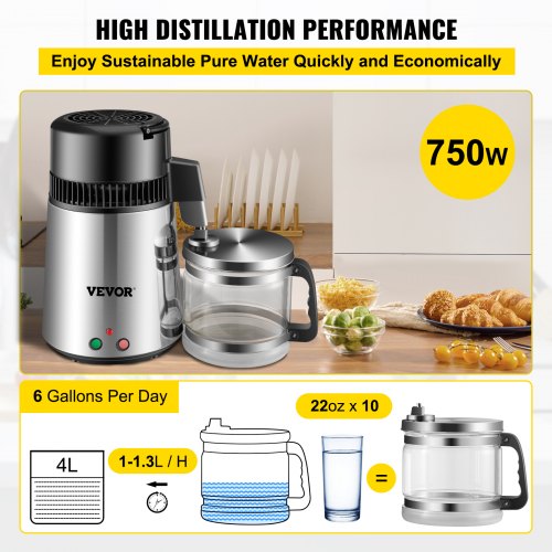 Silver Water Distiller 1.1 Gallon/4 L Stainless Steel Water Purifier Distiller 750W Water Distillation Countertop Water Distiller Machine with Connection Bottle Glass Container for Offices Home