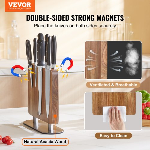 Magnetic Knife Block, 10 inch Home Kitchen Knife Holder, Double Sided Magnetic Knife Stand, Multifunctional Storage Acacia Wood Knives Rack, Cutlery Display Organizer for Knives, Utensils, Tools