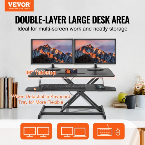 Standing Desk Converter, Two-Tier Stand up Desk Riser, 36 inch Large Rectangular Sit to Stand Desk Converter, 5.5-20.1 inch Adjustable Height, for Monitor, Keyboard & Accessories in Home Office