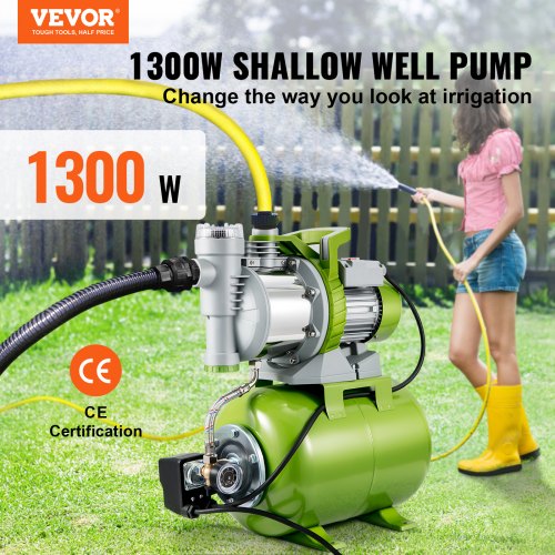 Shallow Well Pump with Pressure Tank, 1300W 230V, 4200L/h 50 m Head 5 bar, Portable Stainless Steel Automatic Water Booster Jet Pumps w/ Prefilter for Home Garden Lawn Irrigation, Water Transfer