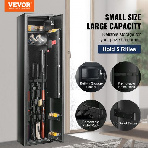 5 Rifles Gun Safe, Rifle Safe with Lock & Digital Keypad, Gun Storage Cabinet with Built-in Storage Locker and Removable Storage Shelf for Home Long Gun and Pistols