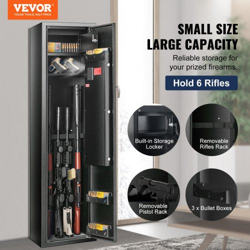 6 Rifles Gun Safe, Rifle Safe with Fingerprint & Digital Keypad Lock, Gun Storage Cabinet with Built-in Storage Locker and Removable Storage Shelf for Pistols & Home Long Gun