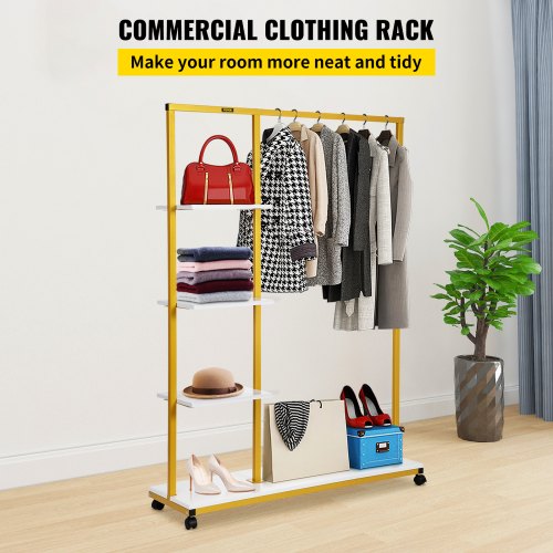 Clothing Garment Rack,100 x 36 x 150 cm, Heavy-duty Clothes Rack w/ Bottom Shelf & Extra 3 Side Shelves, 4 Swivel Casters, Rolling Clothes Organizer for Laundry Room Retail Store Boutique, Gold