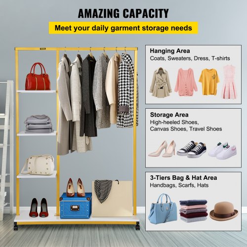 Clothing Garment Rack,100 x 36 x 150 cm, Heavy-duty Clothes Rack w/ Bottom Shelf & Extra 3 Side Shelves, 4 Swivel Casters, Rolling Clothes Organizer for Laundry Room Retail Store Boutique, Gold
