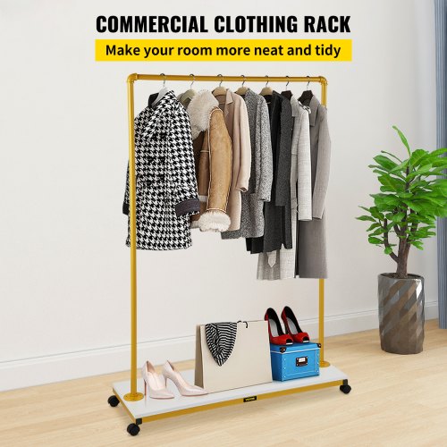 Clothing Garment Rack, 100 x 36 x 150 cm, Heavy-duty Clothes Rack w/ Bottom Shelf, 4 Swivel Casters, Sturdy Steel Frame, Rolling Clothes Organizer for Laundry Room Retail Store Boutique, Gold