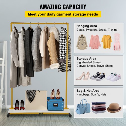Clothing Garment Rack, 100 x 36 x 150 cm, Heavy-duty Clothes Rack w/ Bottom Shelf, 4 Swivel Casters, Sturdy Steel Frame, Rolling Clothes Organizer for Laundry Room Retail Store Boutique, Gold