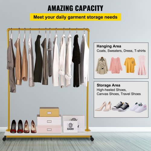 Clothing Garment Rack, 120 x 36 x 160 cm, Heavy-duty Clothes Rack w/ Bottom Shelf, 4 Swivel Casters, Sturdy Steel Frame, Rolling Clothes Organizer for Laundry Room Retail Store Boutique, Gold