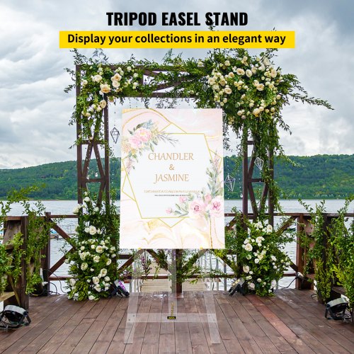Easel Stand, Acrylic Display Easel, 58” Height Welcome Sign Stand, Tripod Adjustable Floor Display for Painting, Wedding Sign, Posters, Arts, Mirrors, and Chalk/Dry-Erase Boards