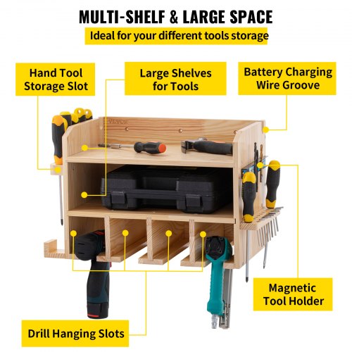 Power Tool Organizer, Wall Mounted Drill Holder, 4 Hanging Slots Drill Charging Station, 2-Shelf Cordless Drill Storage, Polished Wooden Toolbox for Saw, Wrench, Screwdriver Drill