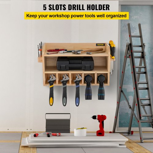 Power Tool Organizer, Wall Mount Drill Holder, 5 Drill Hanging Slots Drill Charging Station, 2-Shelf Cordless Drill Storage, Polished Wooden Toolbox for Saw, Impact Wrench, Screwdriver Drill