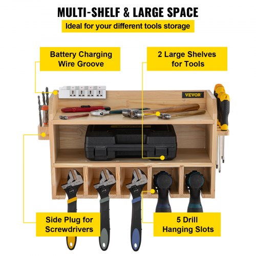 Power Tool Organizer, Wall Mount Drill Holder, 5 Drill Hanging Slots Drill Charging Station, 2-Shelf Cordless Drill Storage, Polished Wooden Toolbox for Saw, Impact Wrench, Screwdriver Drill