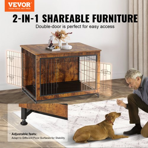 Dog Crate Furniture, 38 inch Wooden Dog Crate with Double Doors, Heavy-Duty Dog Cage End Table with Multi-Purpose Removable Tray, Modern Dog Kennel Indoor for Dogs up to 70lb, Rustic Brown