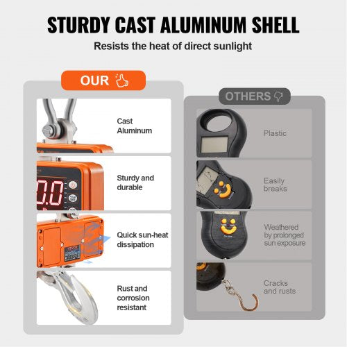 Digital Crane Scale, 2200 lbs/1000 kg, Industrial Heavy Duty Hanging Scale with Remote Control, Cast Aluminum Case & LED Screen, High Precision for Construction, Factory, Farm, Hunting (Orange)