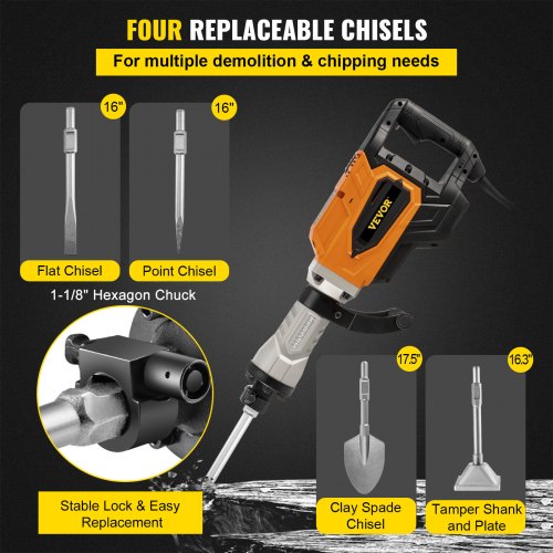 Demolition Jack Hammer, 4500W 1800BPM, 1-1/8" Hex Heavy Duty Concrete Breaker w/ 4 Chisels, Case and Gloves, 220V Industrial Electric Jackhammer for Demolishing, Chipping & Demo, CE Approved
