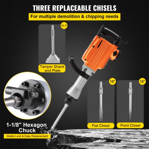 Demolition Jack Hammer, 2600W 1800BPM, 1-1/8" Hex Heavy Duty Concrete Breaker w/ 3 Chisels, Case and Gloves, 220V Industrial Electric Jackhammer for Demolishing, Chipping & Demo, CE Approved