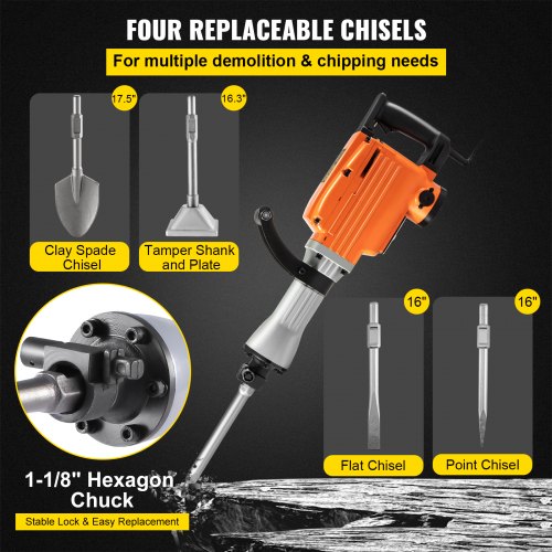 Demolition Jack Hammer, 2600W 1800BPM, 1-1/8" Hex Heavy Duty Concrete Breaker w/ 4 Chisels, Case and Gloves, 220V Industrial Electric Jackhammer for Demolishing, Chipping & Demo, CE Approved