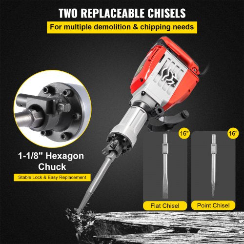 Demolition Jack Hammer, 3800W 1800BPM, 1-1/8" Hex Heavy Duty Concrete Breaker w/ Chisel, Case & Gloves, 110V Industrial Electric Jackhammer for Demolishing, Chipping & Demo, CE Approved, Red