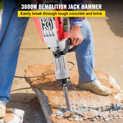 Demolition Jack Hammer, 3800W 1800BPM, 1-1/8" Hex Heavy Duty Concrete Breaker w/ 4 Chisels, Case and Gloves, 220V Industrial Electric Jackhammer for Demolishing, Chipping & Demo, CE Approved
