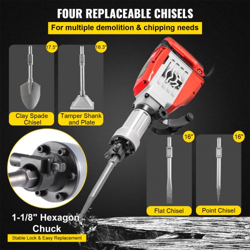 Demolition Jack Hammer, 3800W 1800BPM, 1-1/8" Hex Heavy Duty Concrete Breaker w/ 4 Chisels, Case and Gloves, 220V Industrial Electric Jackhammer for Demolishing, Chipping & Demo, CE Approved