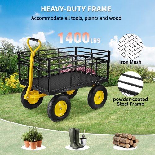Steel Garden Cart, Heavy Duty 1400 lbs Capacity, with Removable Mesh Sides to Convert into Flatbed, Utility Metal Wagon with 2-in-1 Handle and 15 in Tires, Perfect for Garden, Farm, Yard