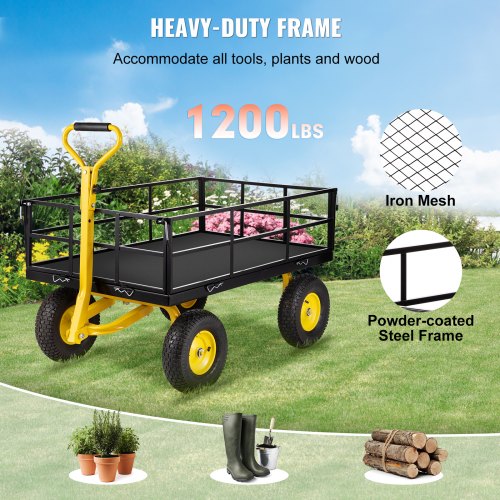 Steel Garden Cart, Heavy Duty 1200 lbs Capacity, with Removable Mesh Sides to Convert into Flatbed, Utility Metal Wagon with 2-in-1 Handle and 13 in Tires, Perfect for Garden, Farm, Yard