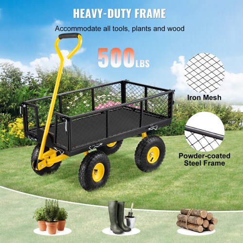 Steel Garden Cart, Heavy Duty 500 lbs Capacity, with Removable Mesh Sides to Convert into Flatbed, Utility Metal Wagon with 180° Rotating Handle and 10 in Tires, Perfect for Garden, Farm, Yard