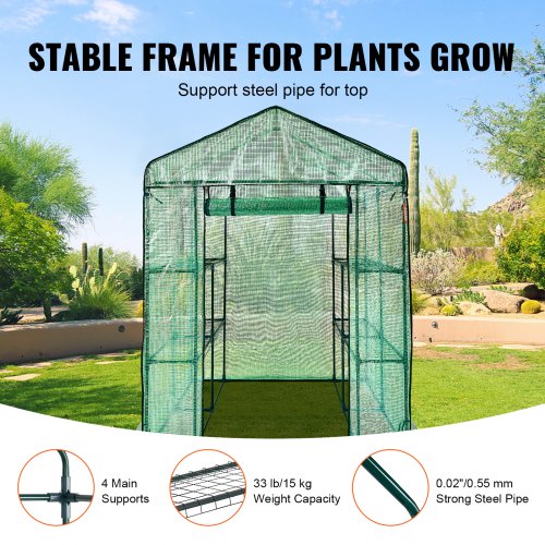 Walk-in Green House, 4.6 x 4.6 x 6.6 ft Greenhouse with Shelves, Set Up in Minutes, High Strength PE Cover with Doors & Windows and Steel Frame, Suitable for Planting and Storage, Green