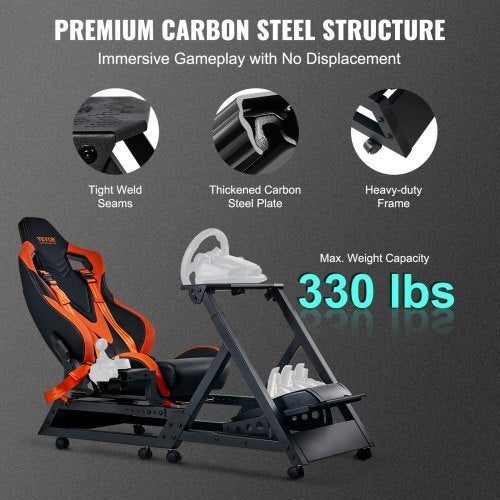 Pre-installed Steering Racing Wheel Stand, Universal Base Fit for Logitech/Thrustmaster/Fanatec, Multi-Position Adjustable Driving Simulator, Comfortable PVC Leather Integrated Cockpit w/ Wheels