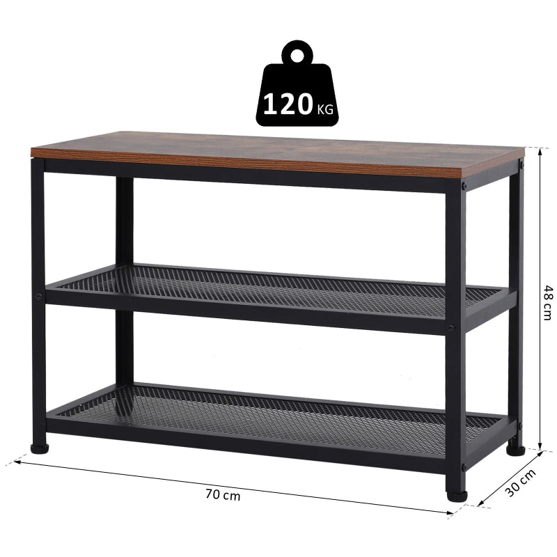 3-Layer Shoe Rack Storage, Metal Frame with 2 Mesh Shelves, Rustic Colour Seat for Living Room and Hallway w/