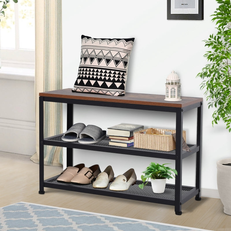 3-Layer Shoe Rack Storage, Metal Frame with 2 Mesh Shelves, Rustic Colour Seat for Living Room and Hallway w/