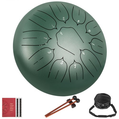 Mineral Green Steel Drum 11 Notes Percussion Instrument 10 Inches Tongue Drum, Steel Tongue Drum, Steel Drums Instruments With Bag, Book, Mallets, Mallet Bracket, Hang Pan Drum Instrument