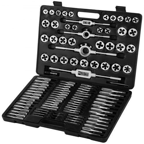 Tap and Dies Set 110 Pieces Tap Die Set Both SAE inch and Metric Sizes Included Tungsten Steel Essential Threading and Rethreading Tool Kit with Complete Accessories and Storage Case