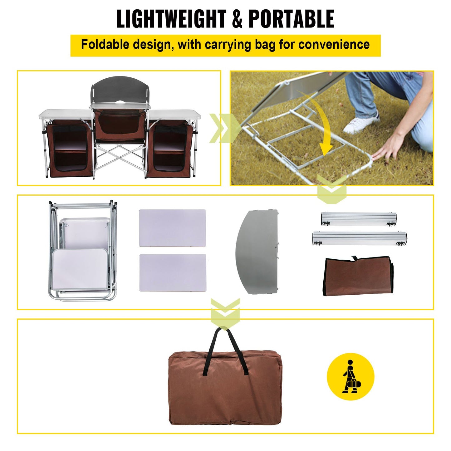 Camping Kitchen Table Folding Outdoor Camping Kitchen Portable Camping Kitchen Storage Table Camping Folding Cupboard with MDF Boards and Windshield for Camping and BBQ