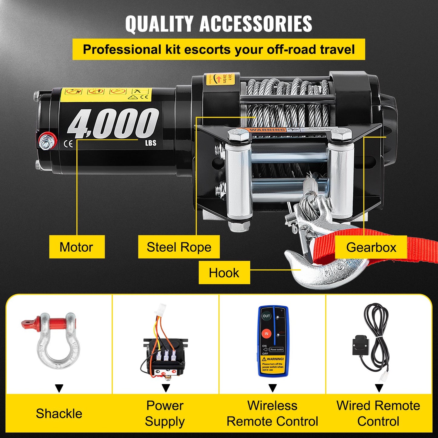 12V 4000lb winch with Wireless Remote Control,Electric Winch with 10 m 32.8 ft durable steel cable