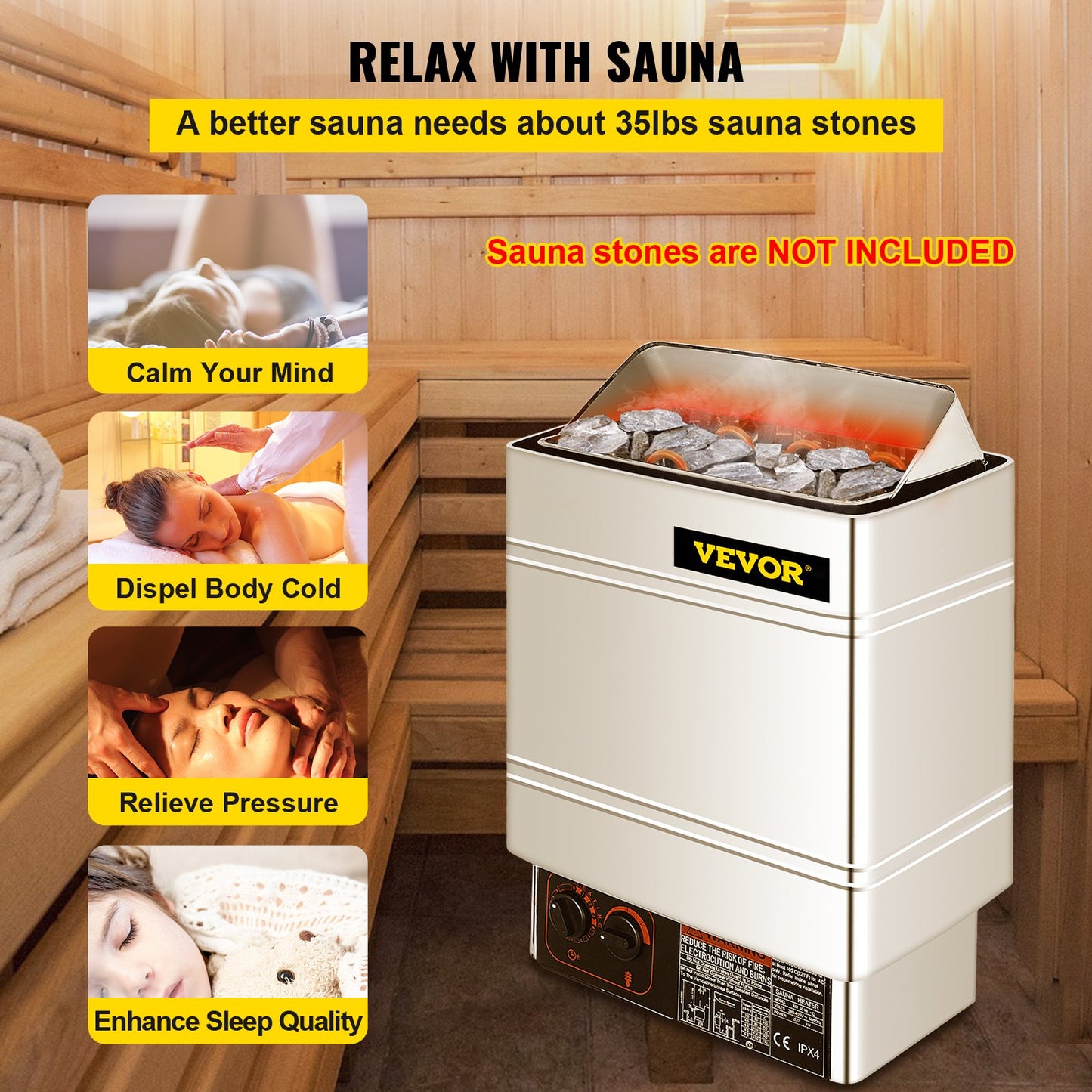 6KW Electric Sauna Heater Stove W/External Controller Wet & Dry 380V-400V Home Sauna Room Bath Shower Spa Heater Working Area 5-9m3 Sauna Room