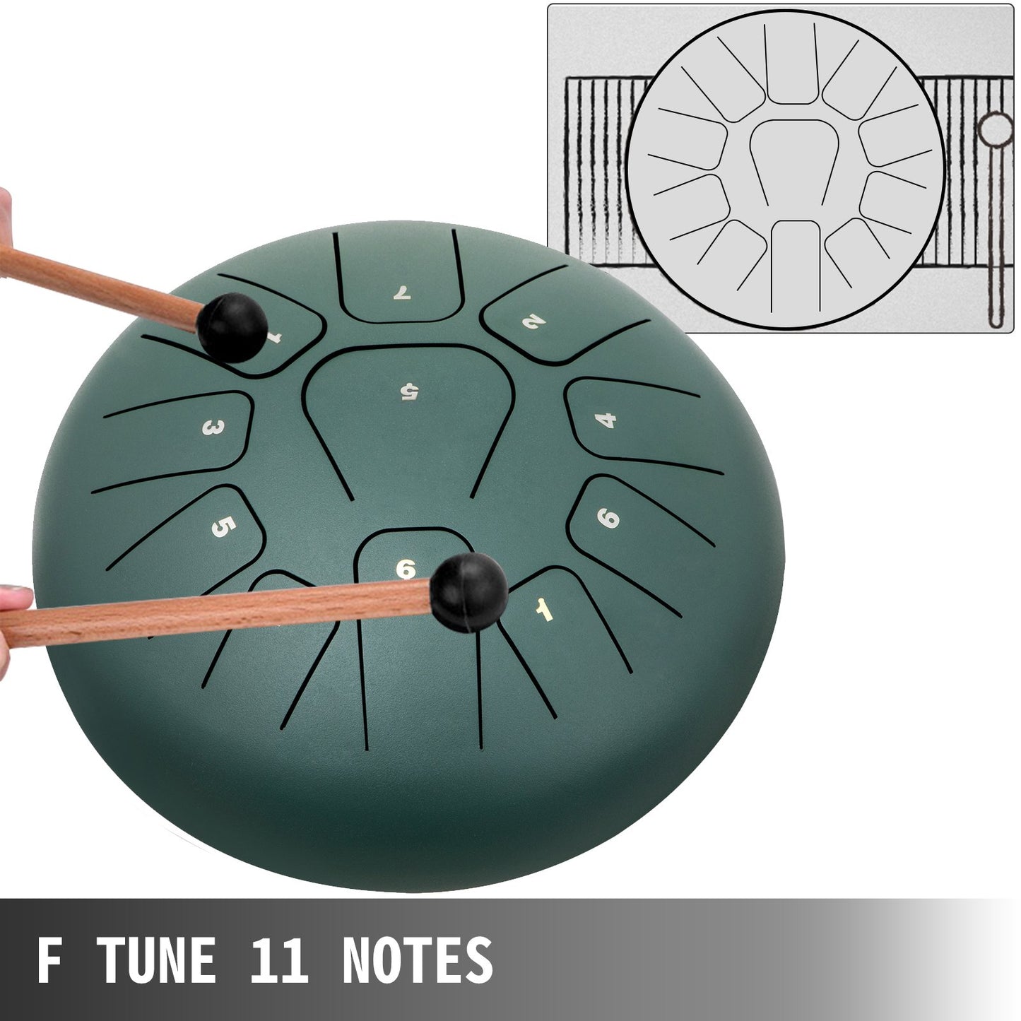 Steel Drum 11 Notes Percussion Instrument 8 Inches Tongue Drum, Steel Tongue Drum, Steel Drums Instruments With Bag, Book, Mallets, Mallet Bracket, Hang Pan Drum Instrument, Mineral Green