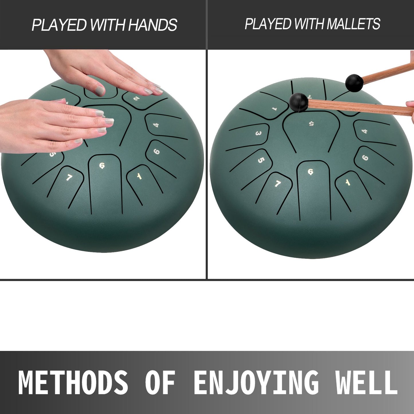 Steel Drum 11 Notes Percussion Instrument 8 Inches Tongue Drum, Steel Tongue Drum, Steel Drums Instruments With Bag, Book, Mallets, Mallet Bracket, Hang Pan Drum Instrument, Mineral Green