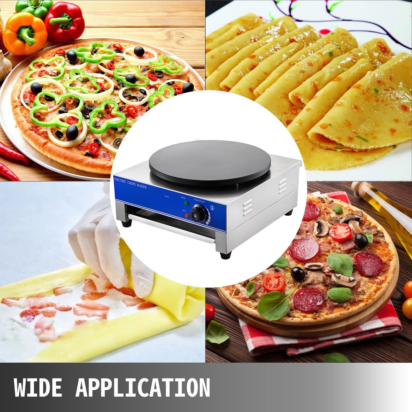Commercial Crepe Maker Single Head Crepe Machine Commercial 3KW Electric Crepe Maker 50-300℃ Industrial Crepe Maker with 15.7-Inch Diameter Heating Plate Crepe Griddle Commercial Square