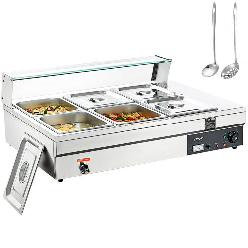 Commercial Electric Food Warmer Countertop Buffet 6*12Qt with Glass Shield