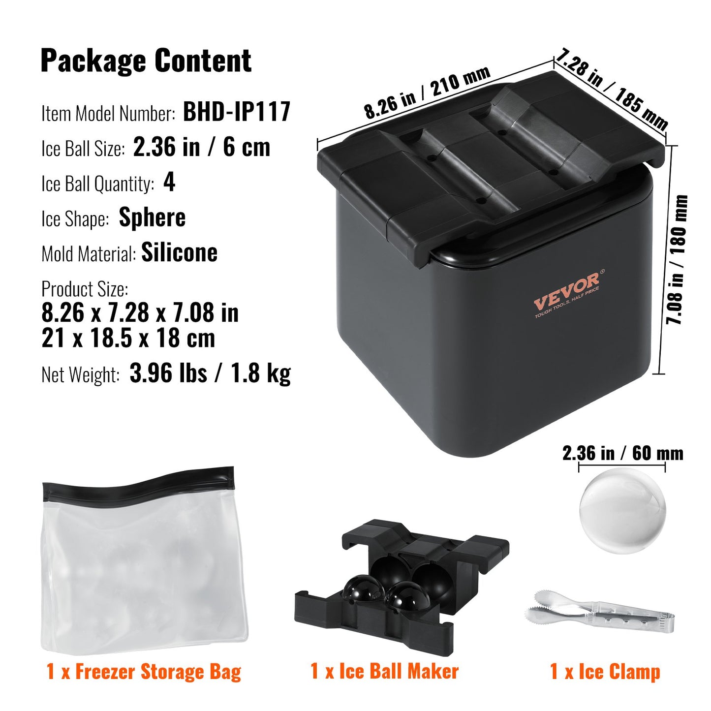 Ice Ball Maker, Crystal Clear Ice Ball Maker 2.36inch Ice Sphere with Storage Bag and Ice Clamp, Round Clear Ice Cube 4-Cavity Ice Press Maker Whiskey Scotch Cocktail Brandy Bourbon