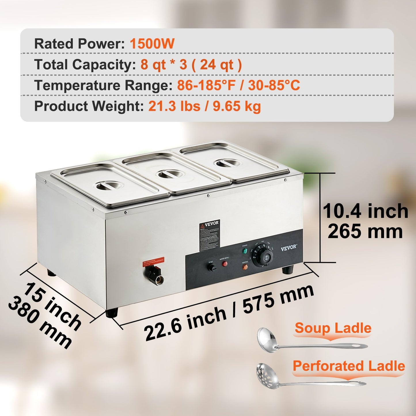 Commercial Electric Food Warmer Countertop Buffet 3*8 Qt Pan Bain Marie