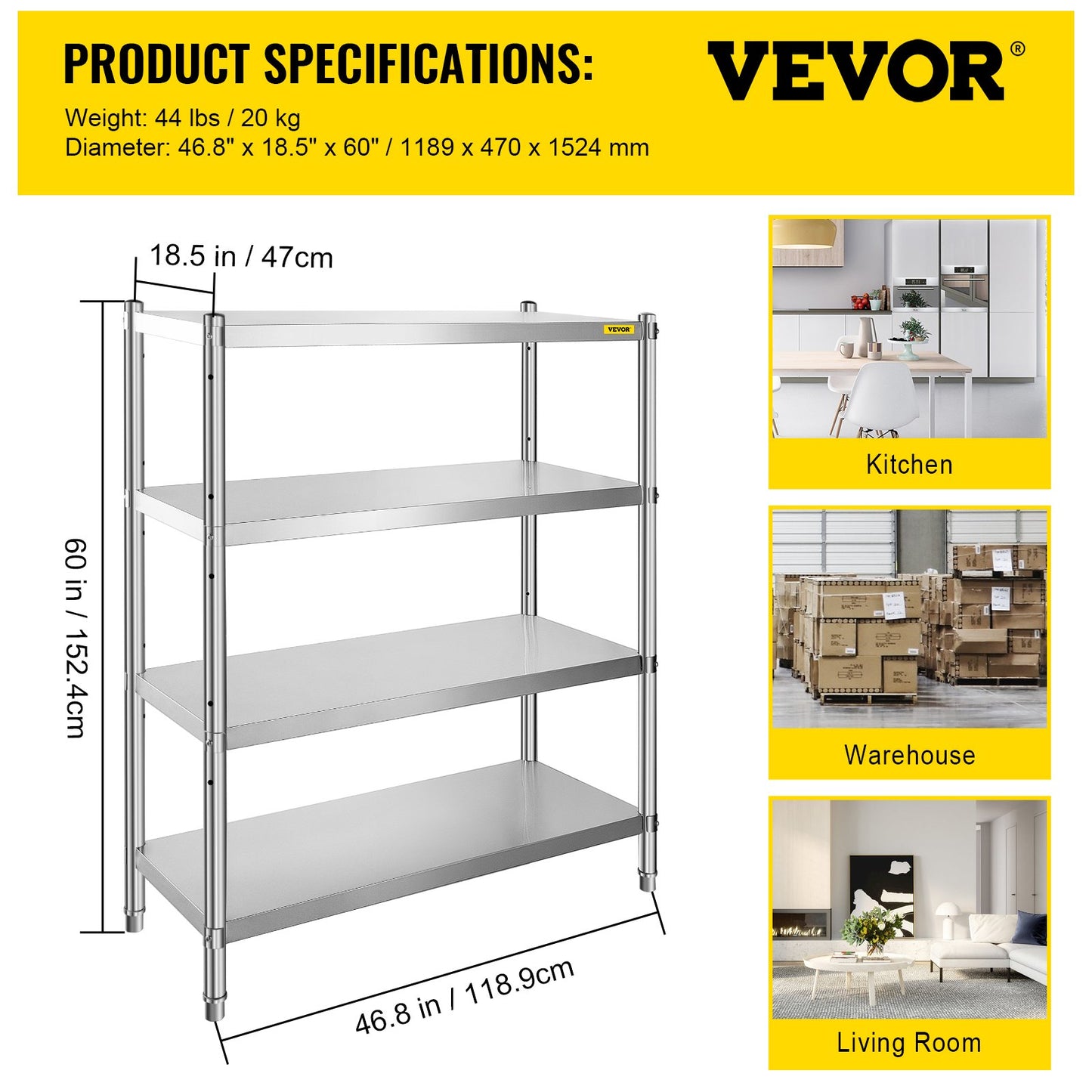 Stainless Steel Shelving, 46.8x18.5 Inch 4 Tier Adjustable Shelf Storage Unit, Stainless Steel Heavy Duty Shelving for Kitchen Commercial Office Garage Storage 330lb Per Shelf