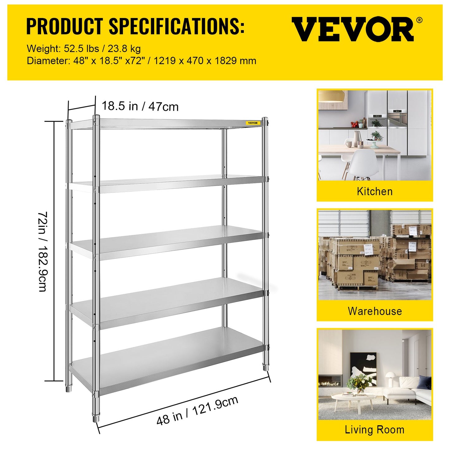 Shelving Unit 48x18.5 Inch Storage Shelves 5-Tier shelving Units And Storage Adjustable Shelf Storage Unit Adjustable Feet Shelving Units Stainless Steel Kitchen Shelves