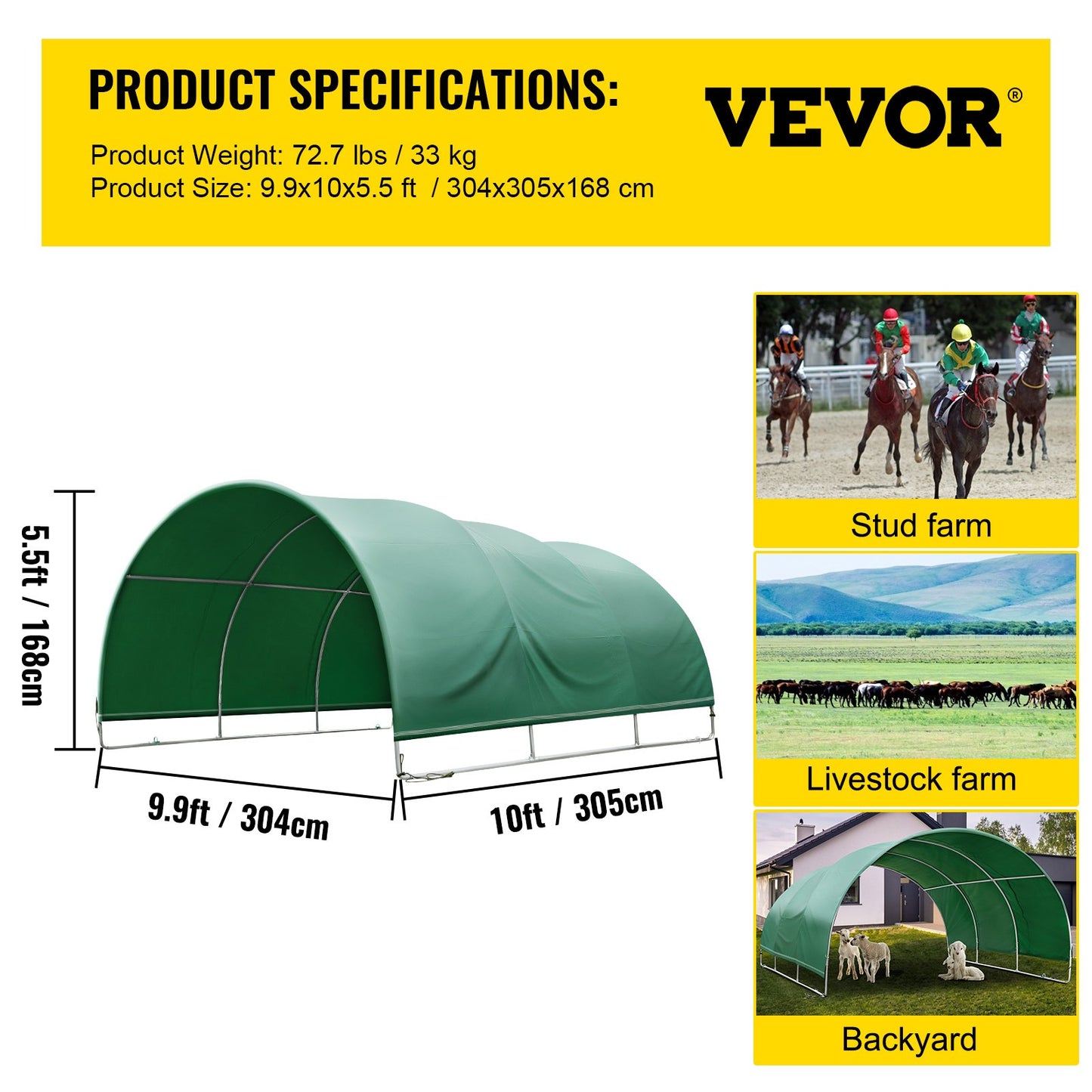 Livestock Shelter, 9.9'x 10'x 5.5' Corral Shelter, Steel Metal Corral Panel Shelter, Waterproof Corral Panels for Horses and Other Livestock, Animal Shelter with PVC Cover and Galvanized pipe
