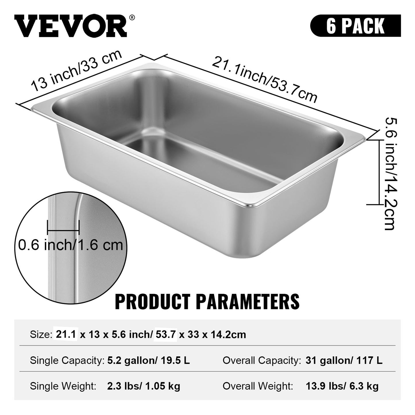 6 Pack Steam Table Pans 20.9 x 12.8 x 5.9 Inch Deep Steam Table Pan Full Size 20.5L Deep Food Container Stainless Steel Oven Tray Hotel Pans Anti-Jam Steam Table Food Pan