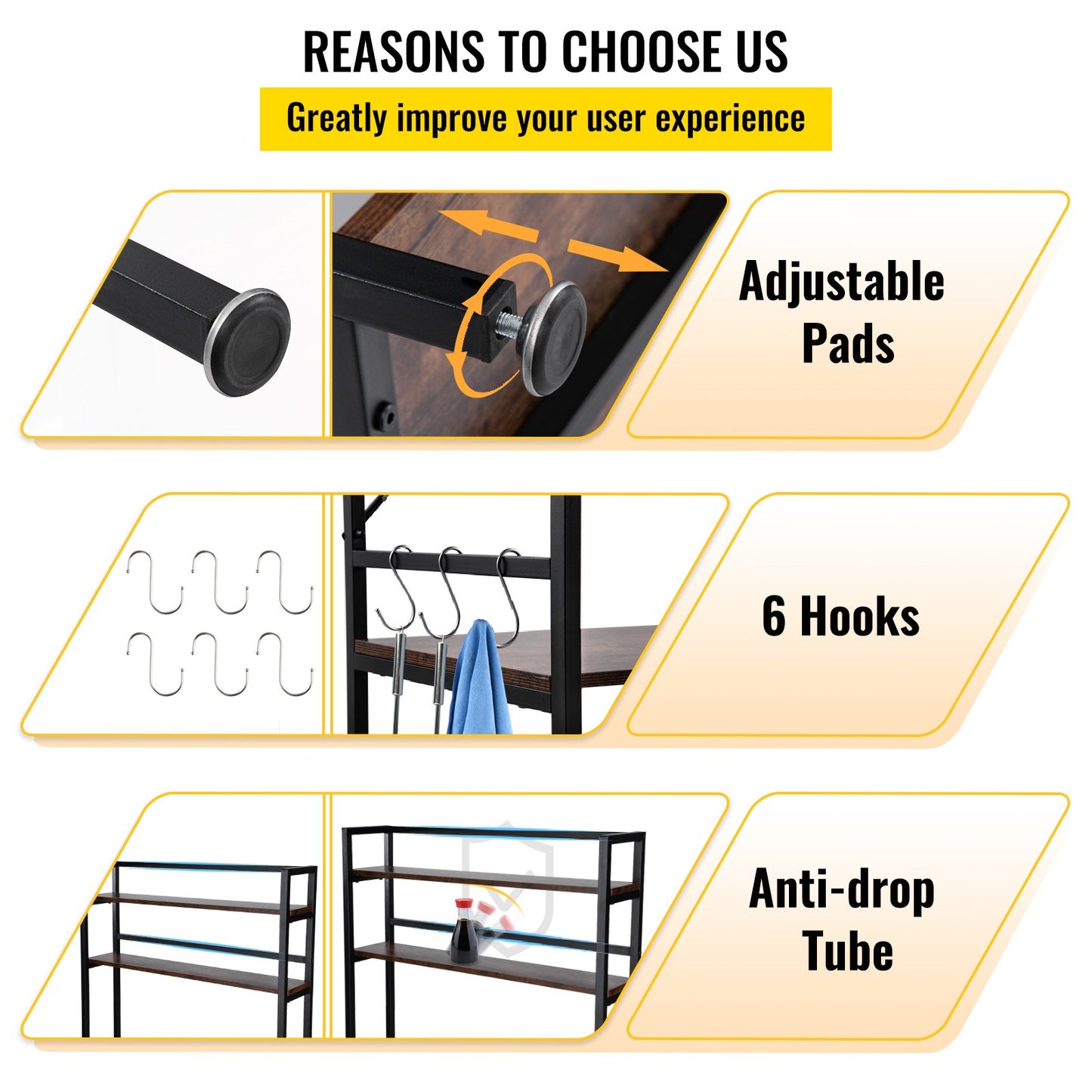 Kitchen Baker's Rack, 5-Tier Industrial Microwave Stand with Hutch 6 Side Hooks, Multifunctional Coffee Station Organizer with Wine Stopper, Utility Storage Shelf for Kitchen Dining Living Room