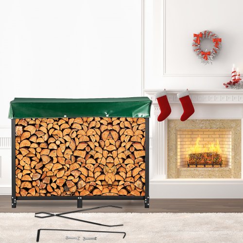 Firewood Log Rack, 8ft Firewood Rack Outdoor, Black Firewood Rack stand, Steel Outdoor Wood Rack, Firewood Log Holder with Load Capacity 1300lbs, Firewood Rack with Cover & Fireplace Tool Set