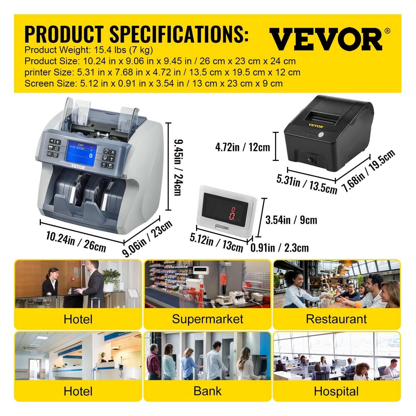 Money Machine, Mixed Denominations Money Counter, 5 Counterfeit Detections Bill Counter, 8 Working Modes Cash Machine, 800/1000/1200/1500pcs/min Note Counting Machine w/ Printer for Bank